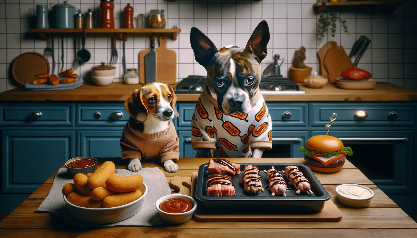 A dog with a wary expression looking at barbecue sauce, showing they are harmful to dogs.