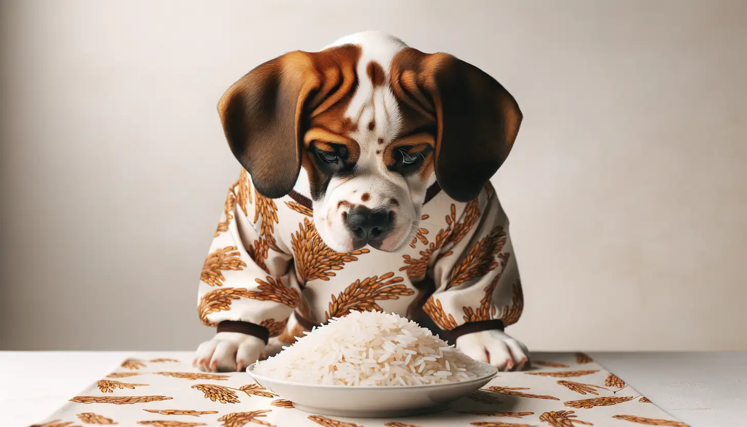 A dog with a curious expression looking at basmati rice, indicating moderate safety for dogs.