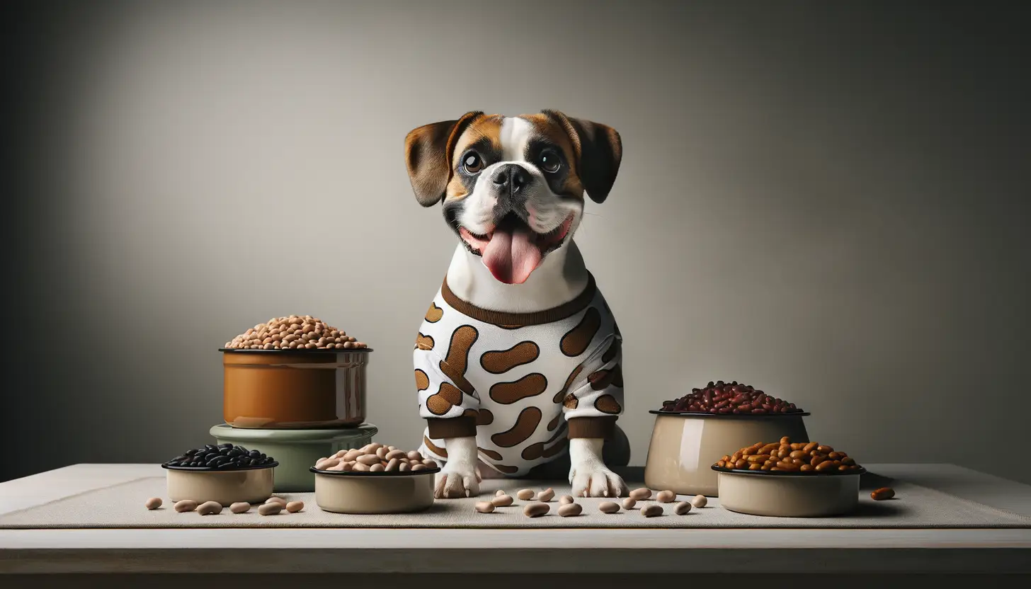 A dog with a happy expression looking at beans, highlighting healthy food for dogs.