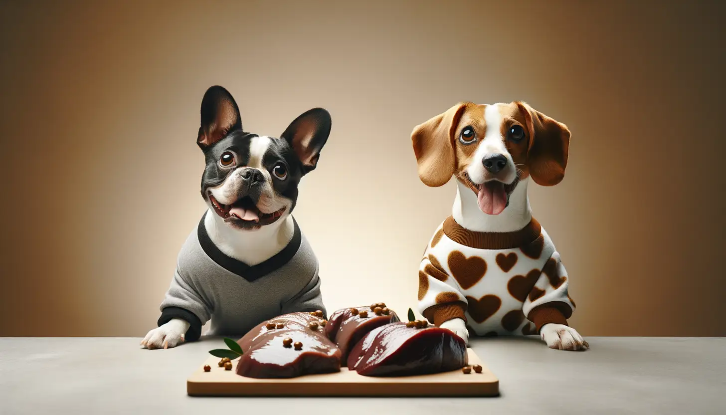 A dog with an excited expression looking at beef liver, showcasing a superfood for dogs.