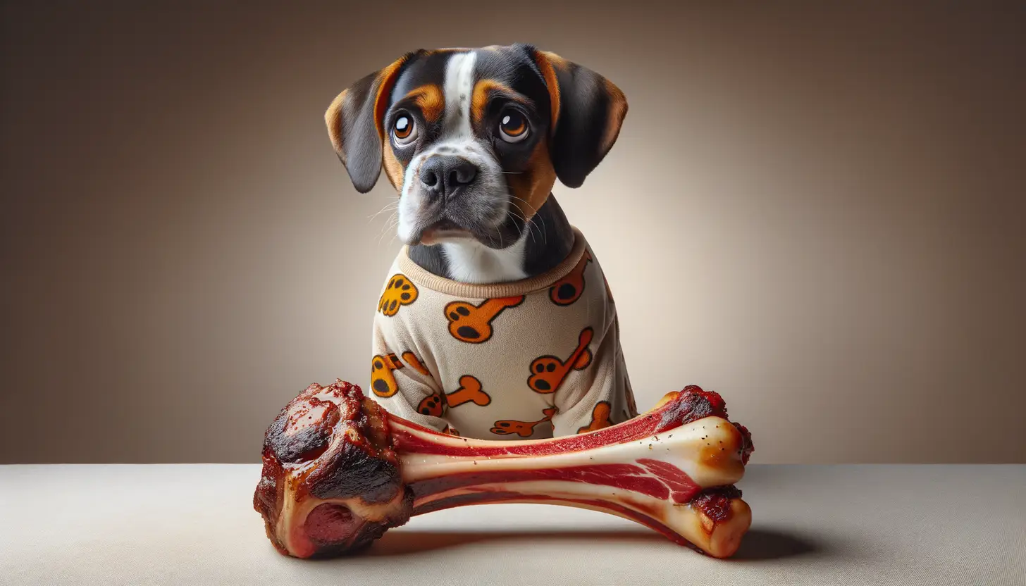 A dog with a wary expression looking at beef rib bones, showing they are harmful to dogs.