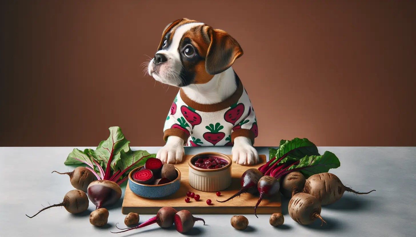 A dog with a happy expression looking at beetroot, highlighting healthy food for dogs.