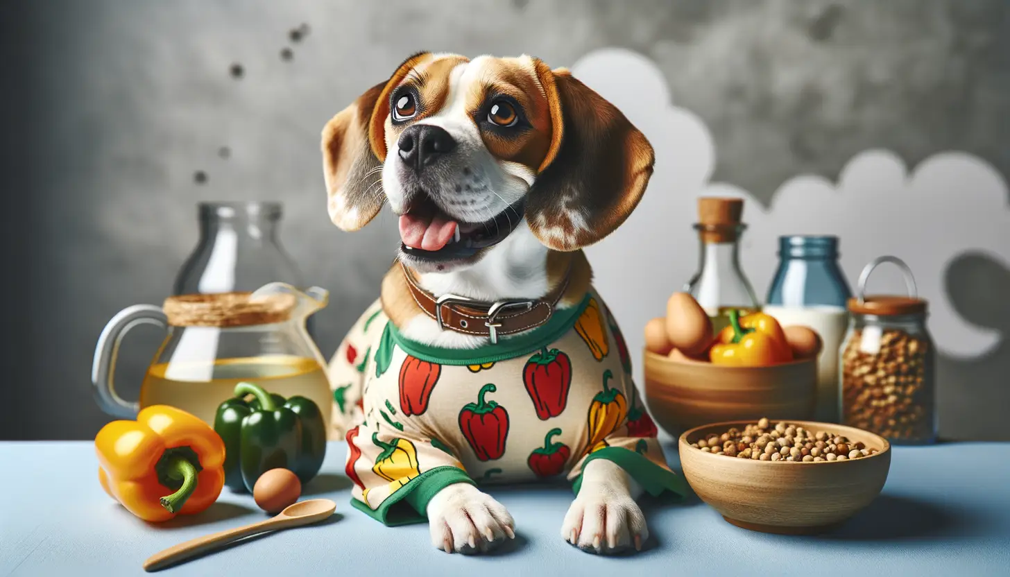 A dog with a happy expression looking at bell pepper, highlighting healthy food for dogs.