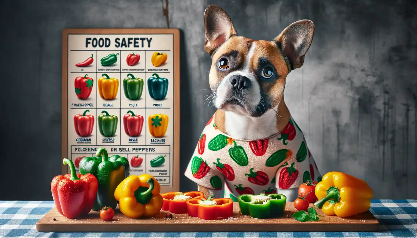 A dog with a happy expression looking at bell peppers, highlighting healthy food for dogs.