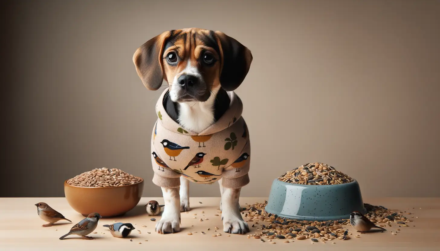 A dog with a wary expression looking at bird seed, showing they are harmful to dogs.