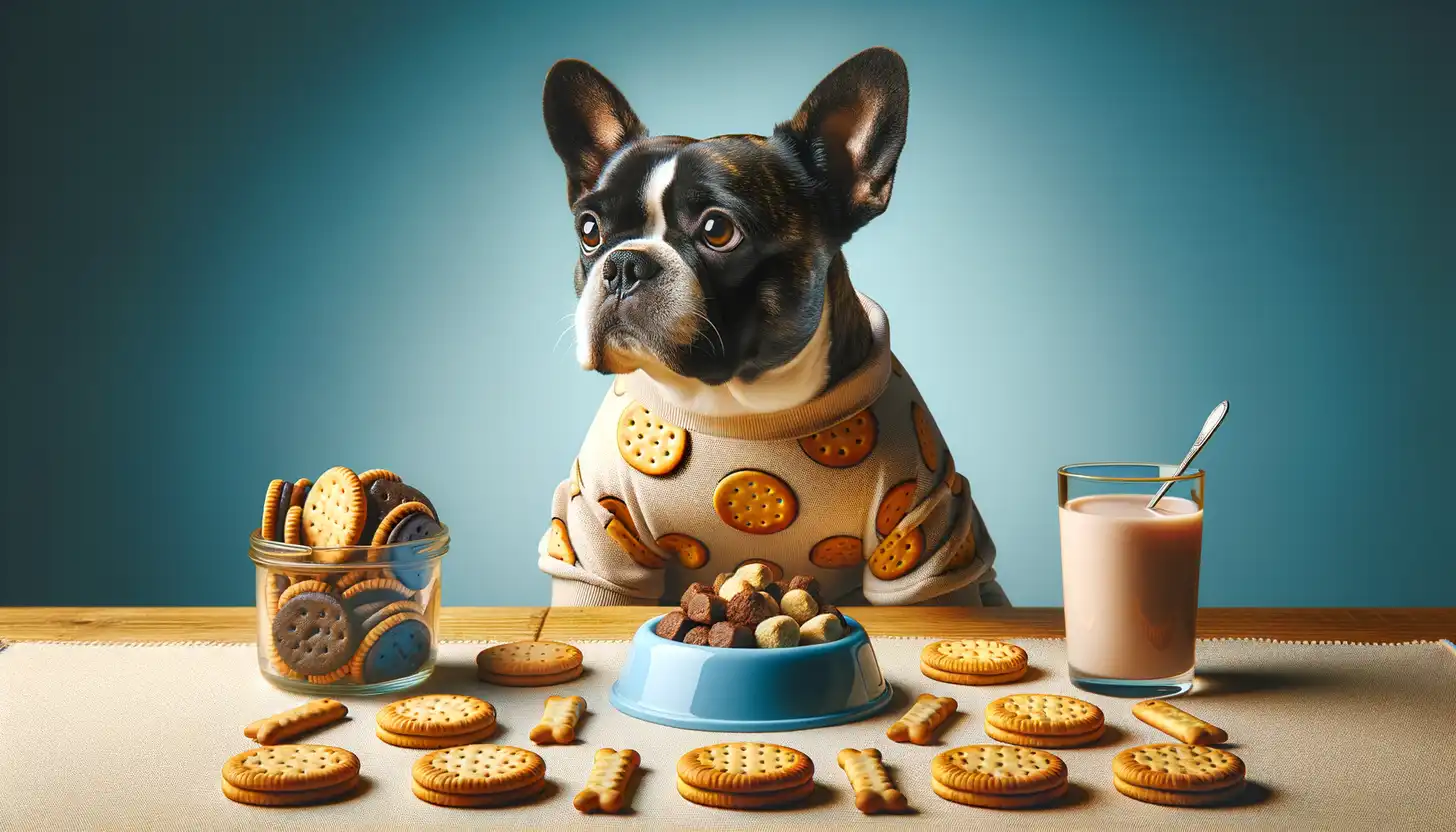 A dog with a wary expression looking at biscuits, showing they are harmful to dogs.