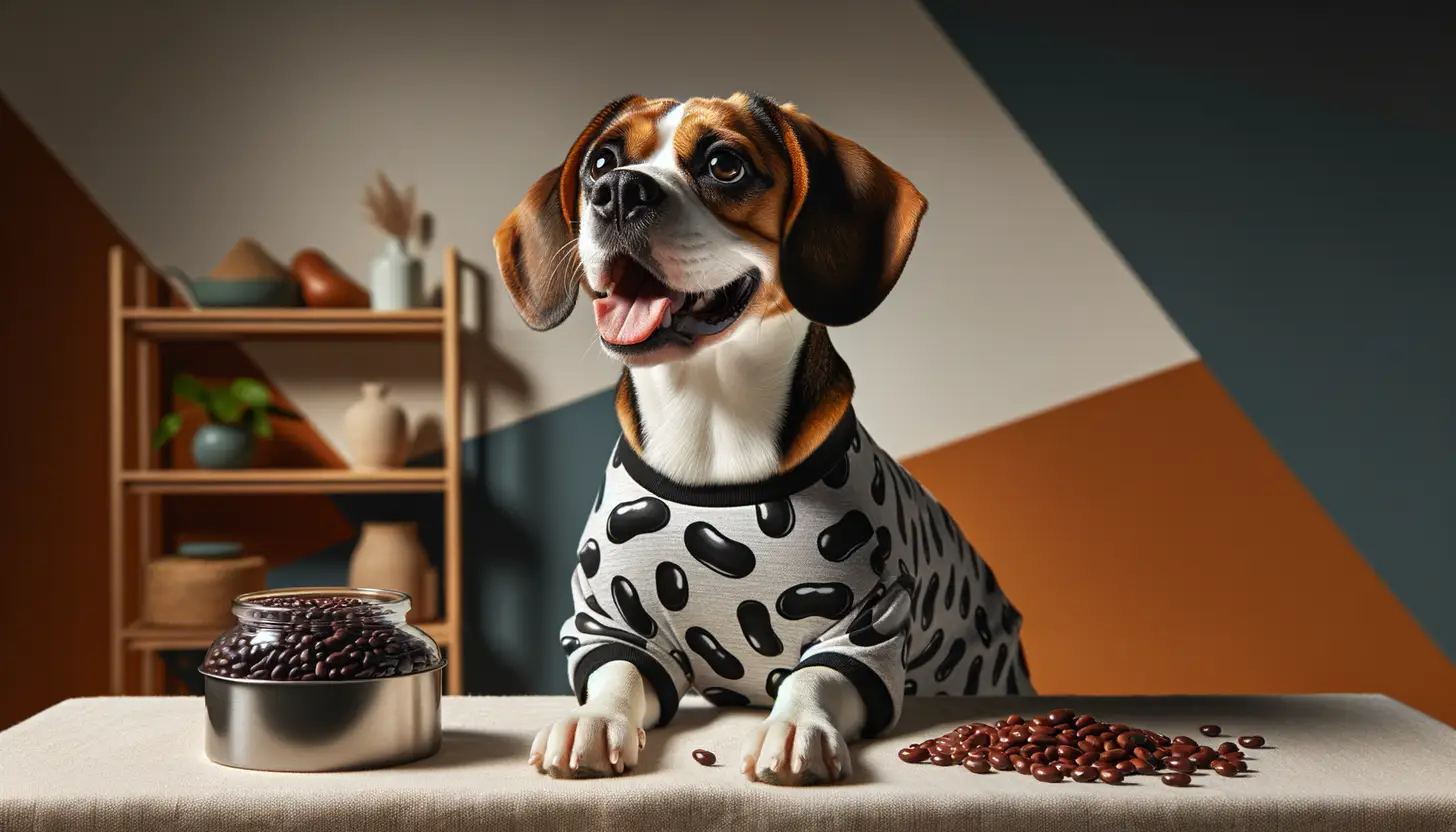 A dog with a happy expression looking at black beans, highlighting healthy food for dogs.