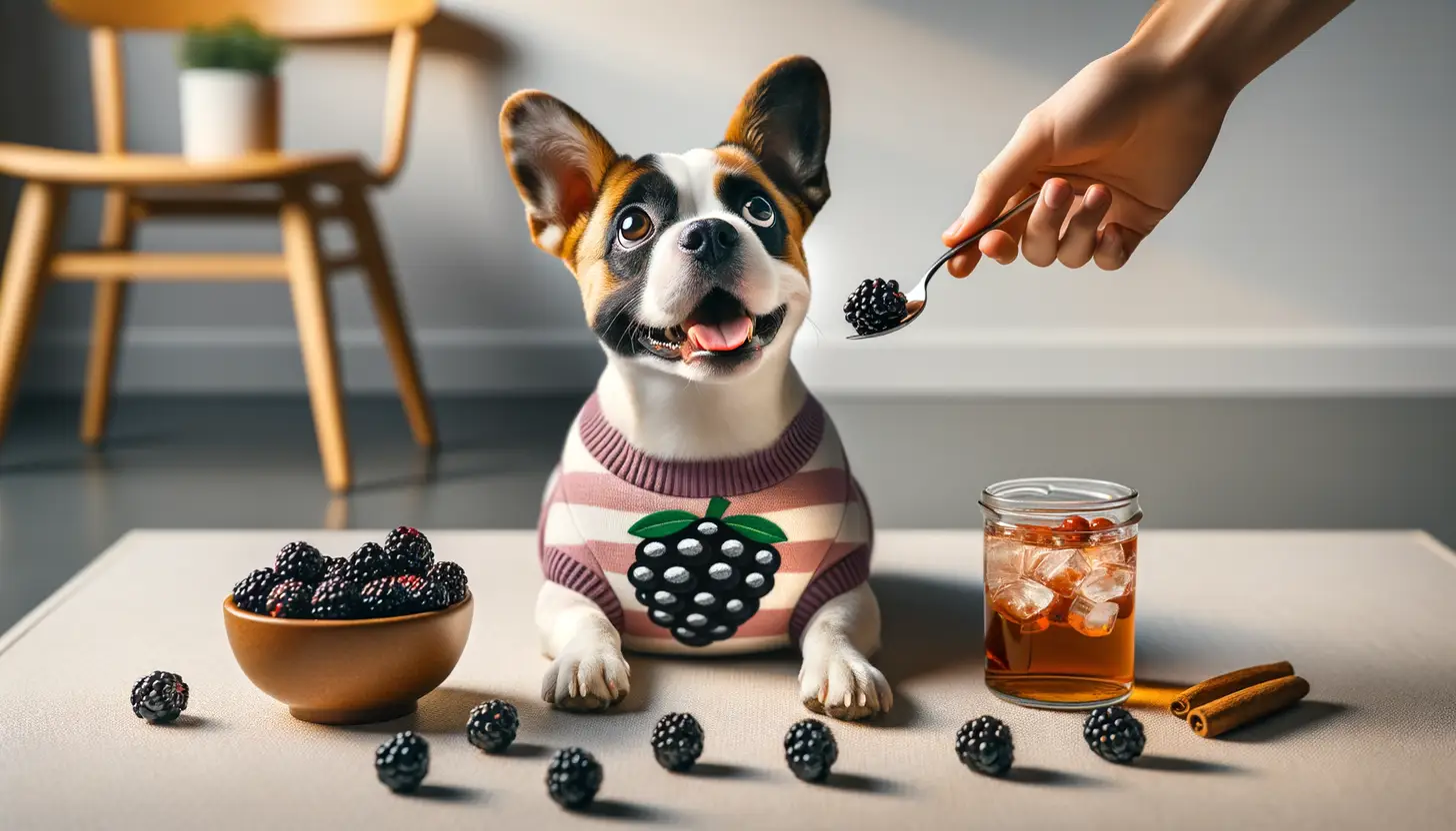 A dog with an excited expression looking at blackberries, showcasing a superfood for dogs.