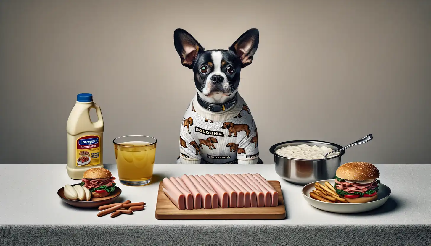 A dog with a wary expression looking at bologna, showing they are harmful to dogs.