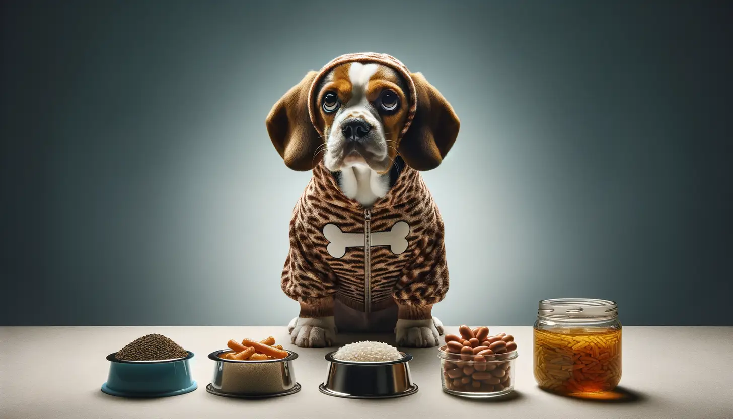 A dog with a concerned expression looking at bones chicken, indicating it's toxic for dogs.