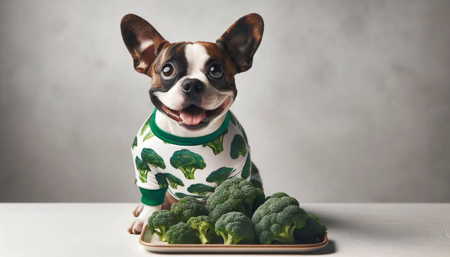 A dog with an excited expression looking at broccoli, showcasing a superfood for dogs.