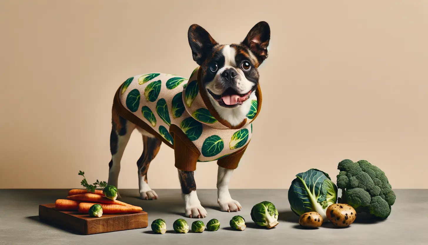 A dog with an excited expression looking at brussel sprouts, showcasing a superfood for dogs.