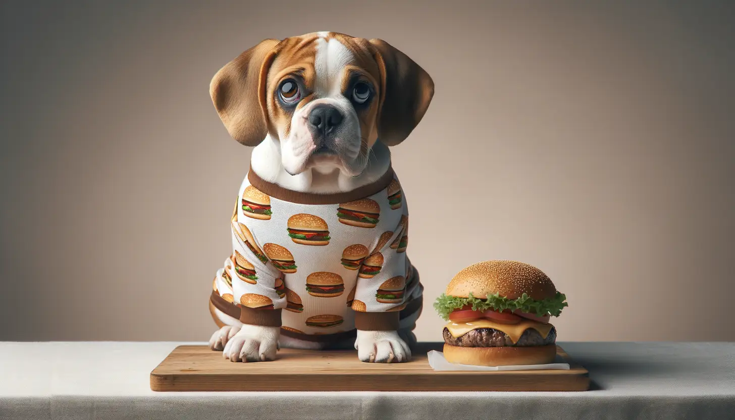 A dog with a wary expression looking at burgers, showing they are harmful to dogs.