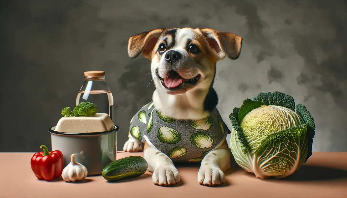 A dog with a happy expression looking at raw cabbage, highlighting healthy food for dogs.