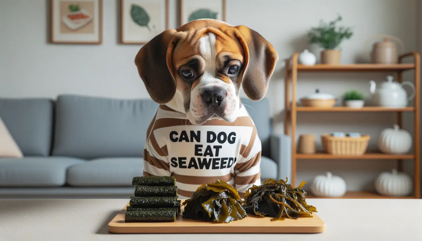 A dog with a curious expression looking at can dog eat seaweed, indicating moderate safety for dogs.