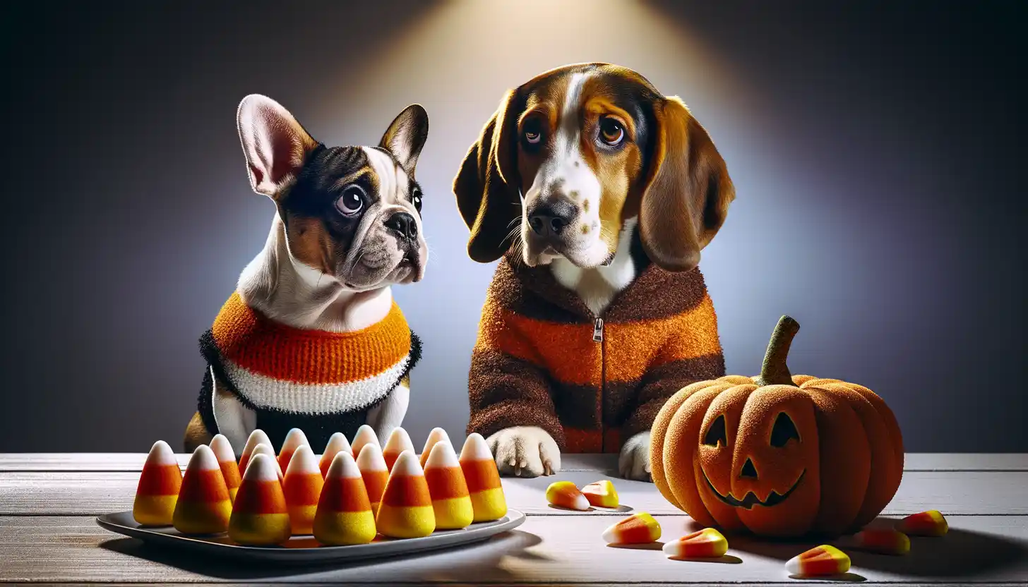 A dog with a concerned expression looking at candy corn, indicating it's toxic for dogs.