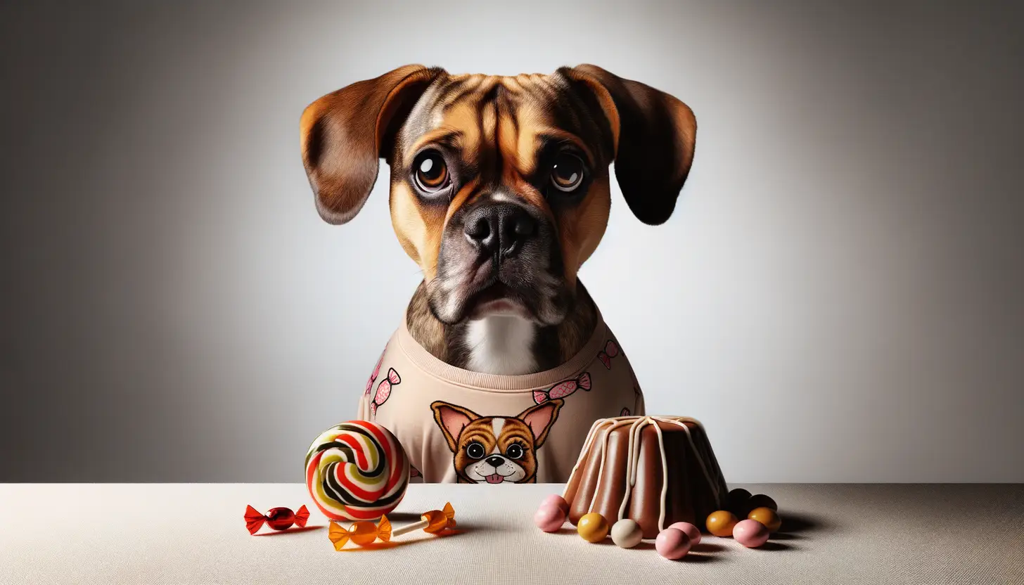 A dog with a concerned expression looking at candy, indicating it's toxic for dogs.