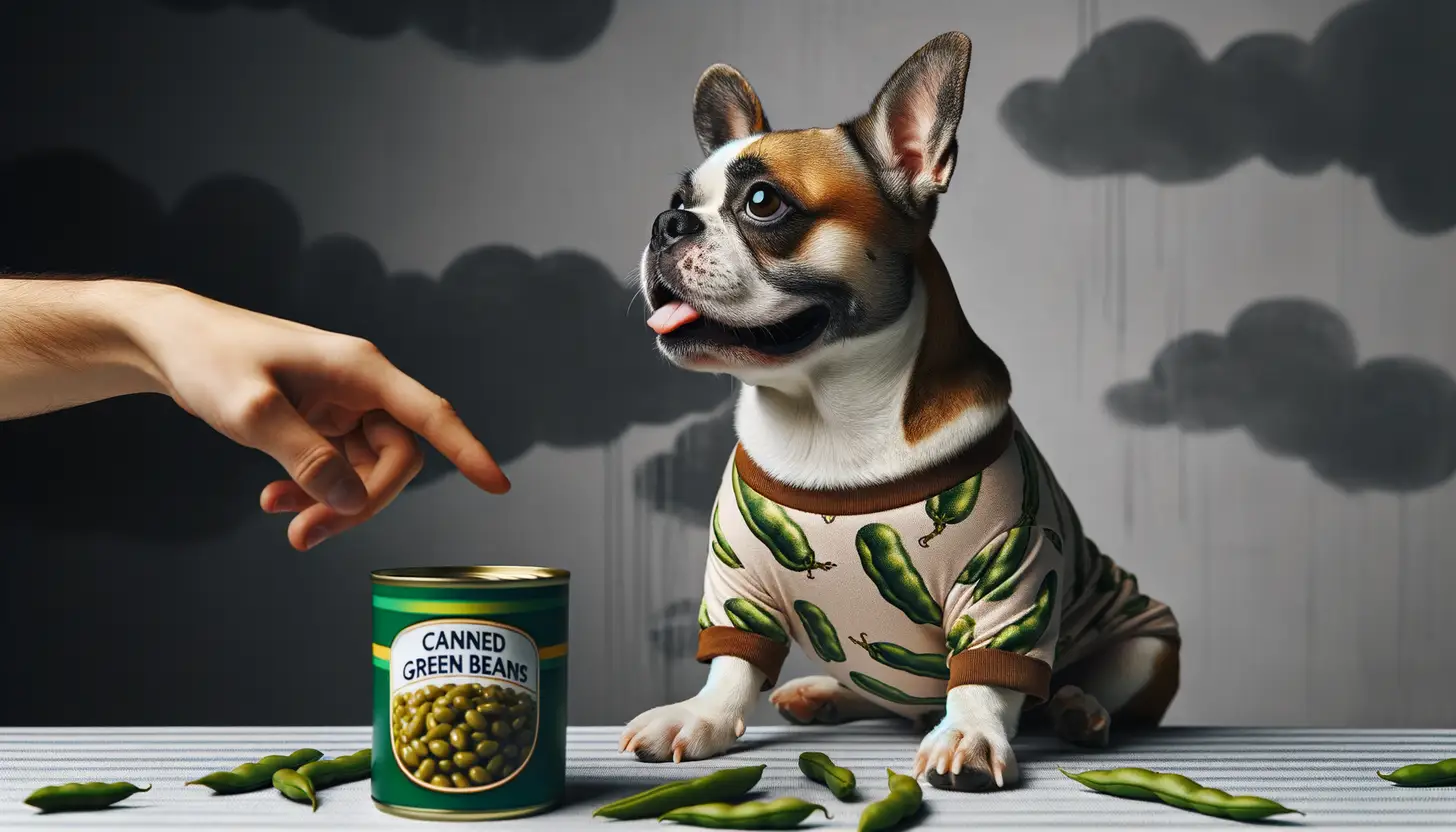 A dog with a happy expression looking at canned green beans, highlighting healthy food for dogs.