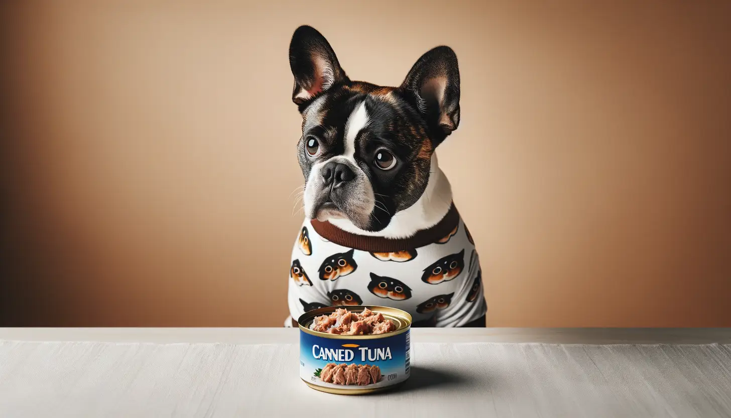 A dog with a curious expression looking at canned tuna in water, indicating moderate safety for dogs.