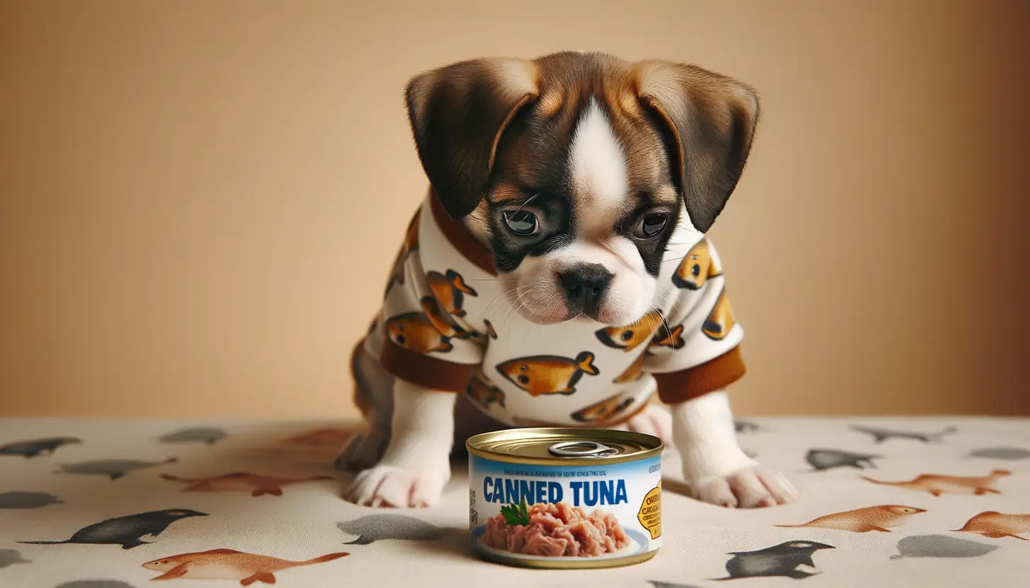 A dog with a curious expression looking at canned tuna, indicating moderate safety for dogs.