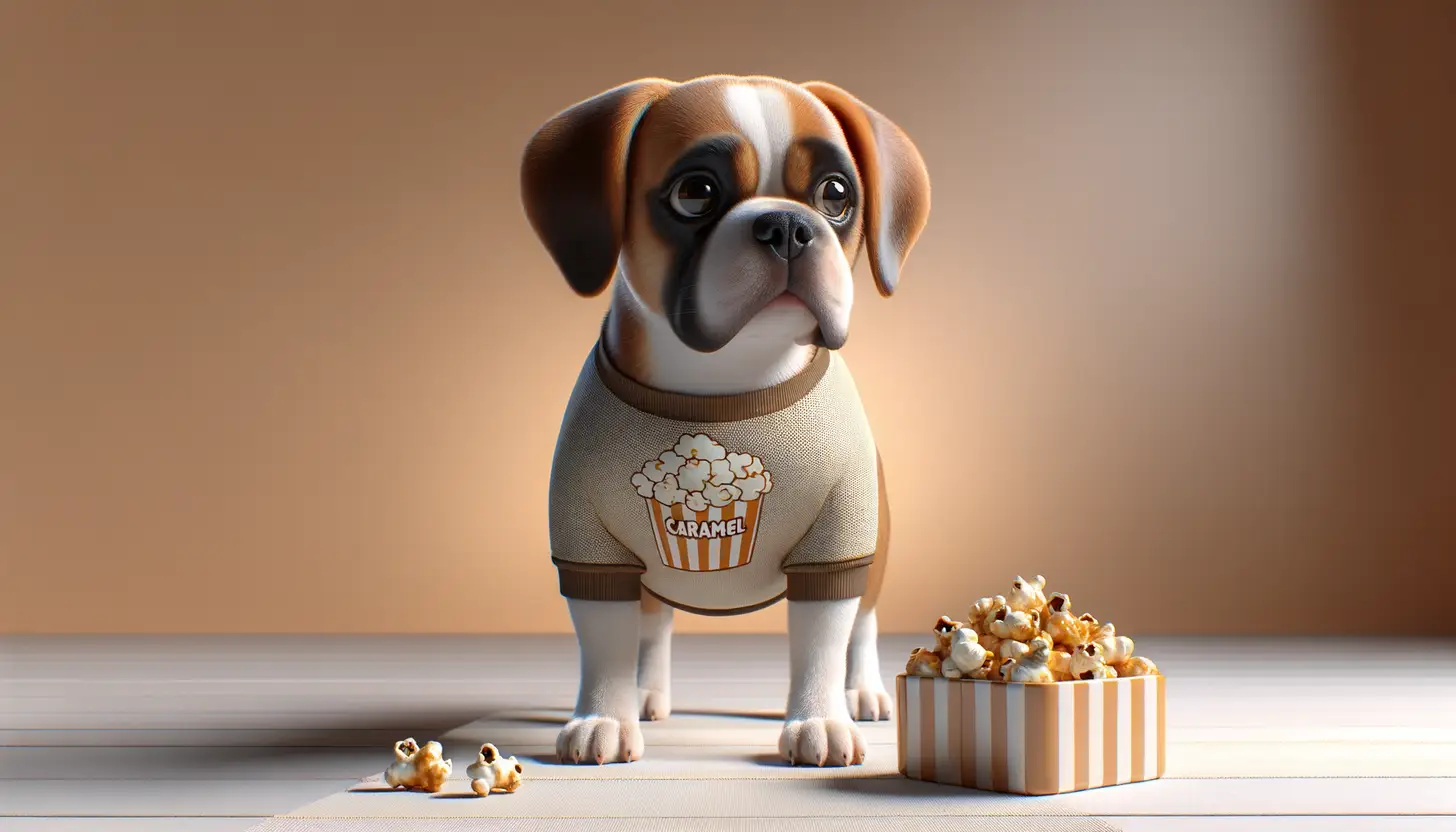 A dog with a wary expression looking at caramel popcorn, showing they are harmful to dogs.