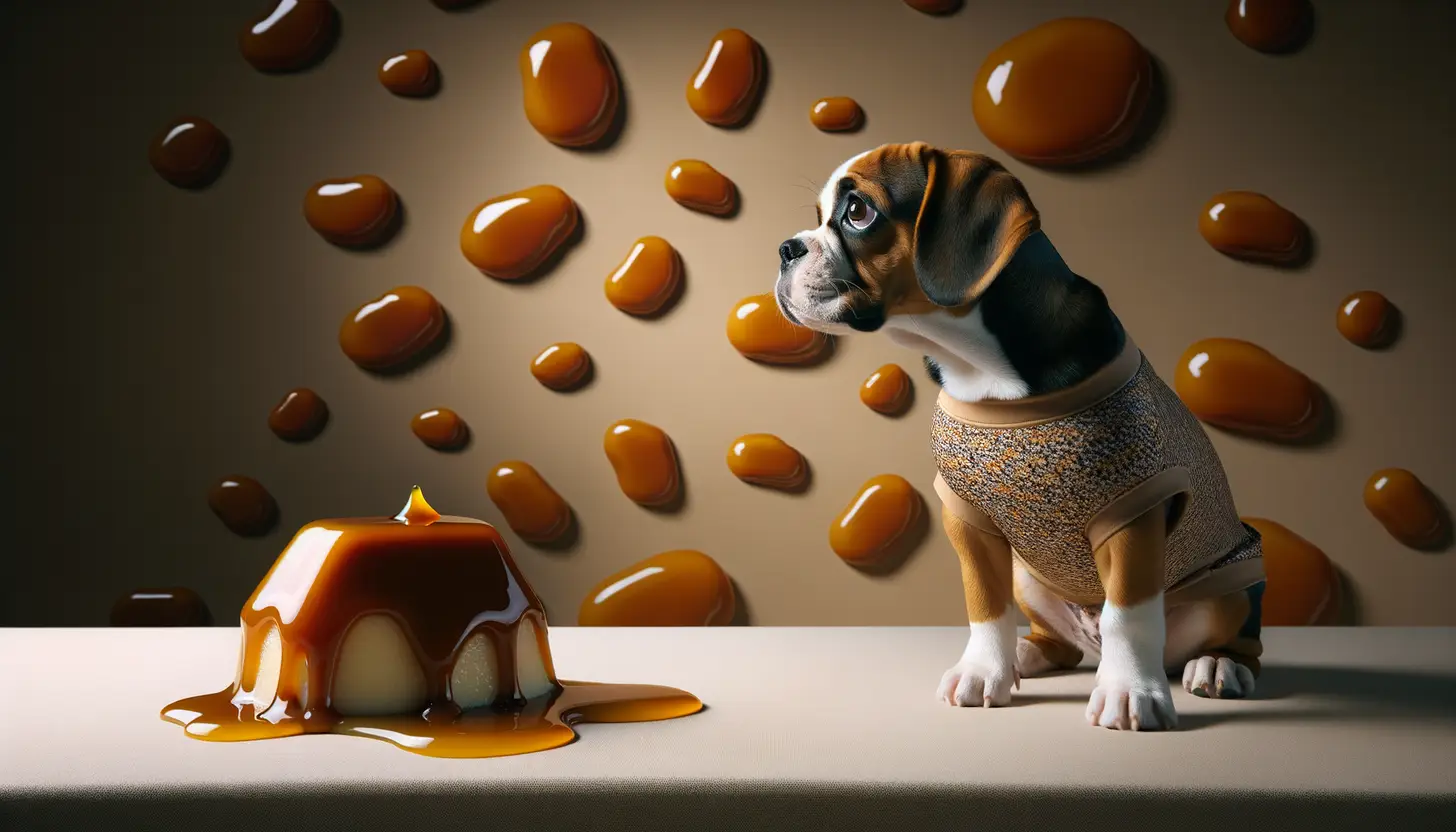 A dog with a wary expression looking at caramel, showing they are harmful to dogs.