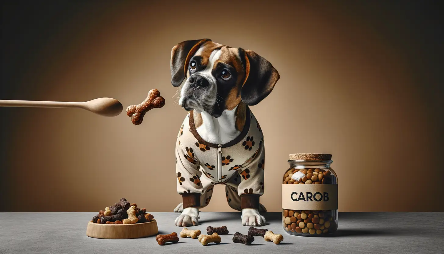 A dog with a happy expression looking at carob, highlighting healthy food for dogs.