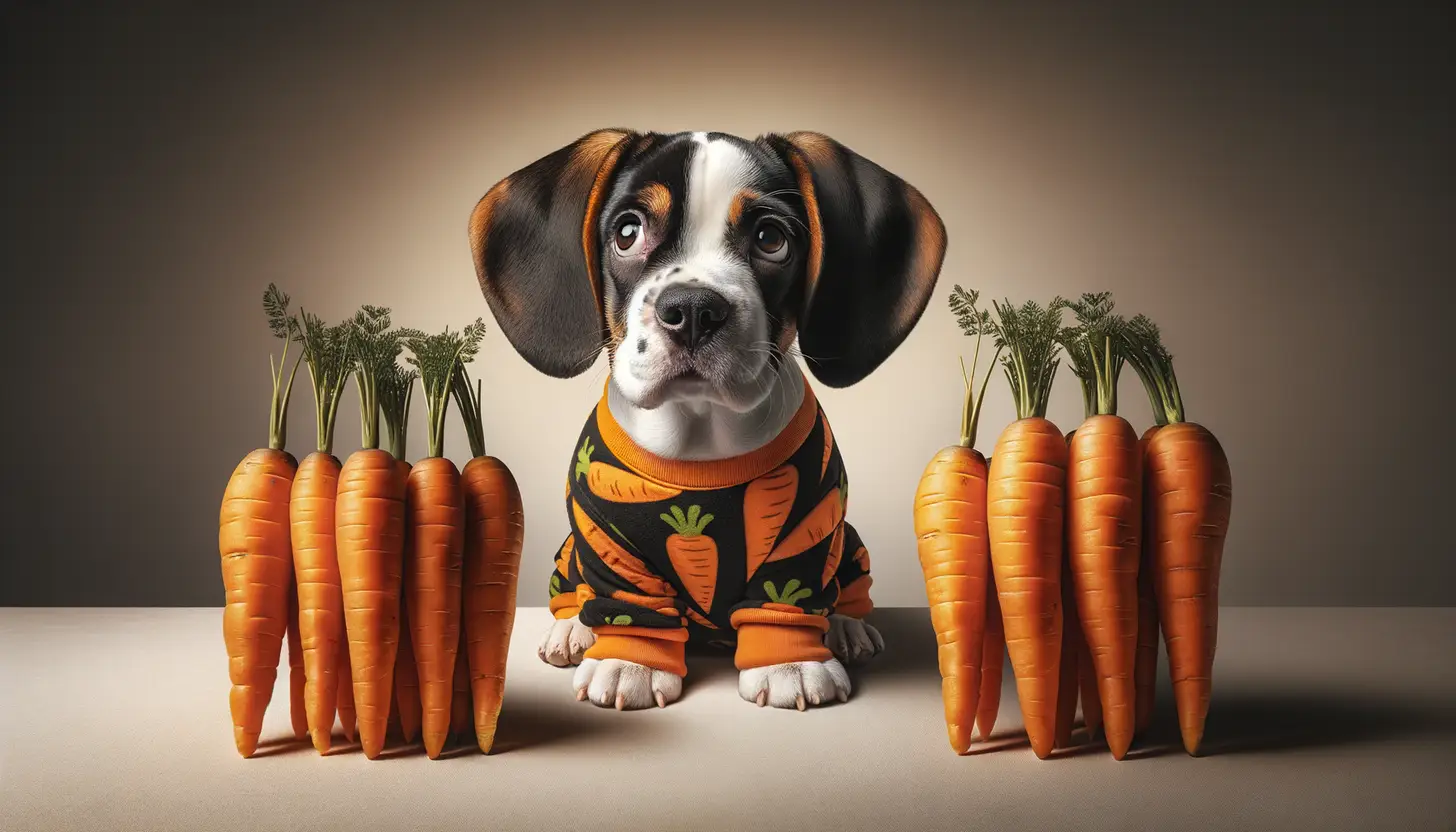 A dog with a happy expression looking at carrot, highlighting healthy food for dogs.