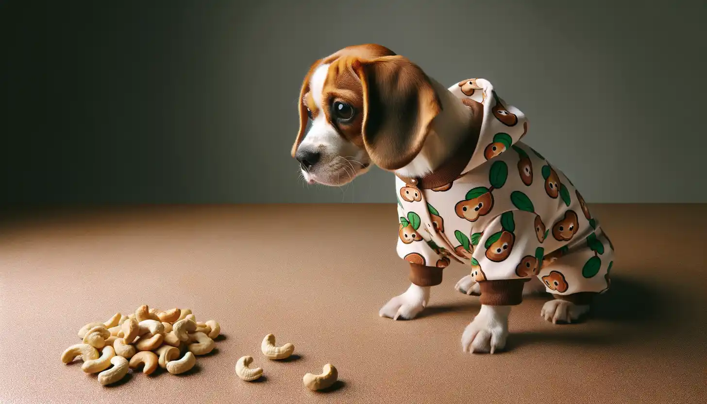 A dog with an unsure expression looking at cashew nuts, indicating caution for dog consumption.