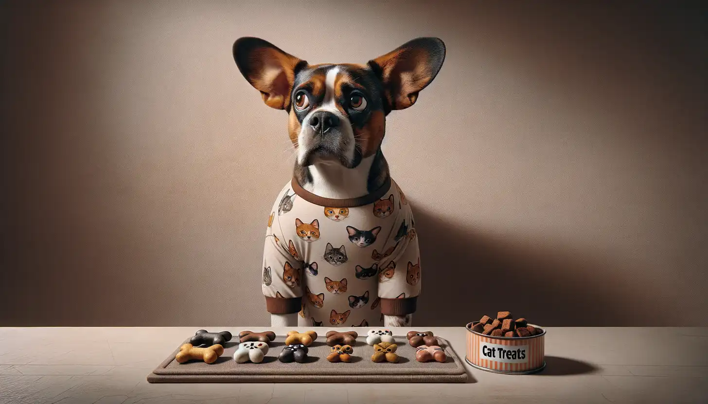 A dog with a wary expression looking at cat treats, showing they are harmful to dogs.