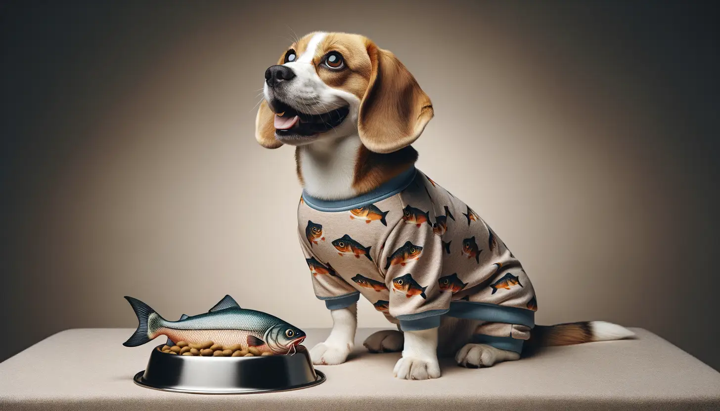 A dog with a happy expression looking at catfish, highlighting healthy food for dogs.