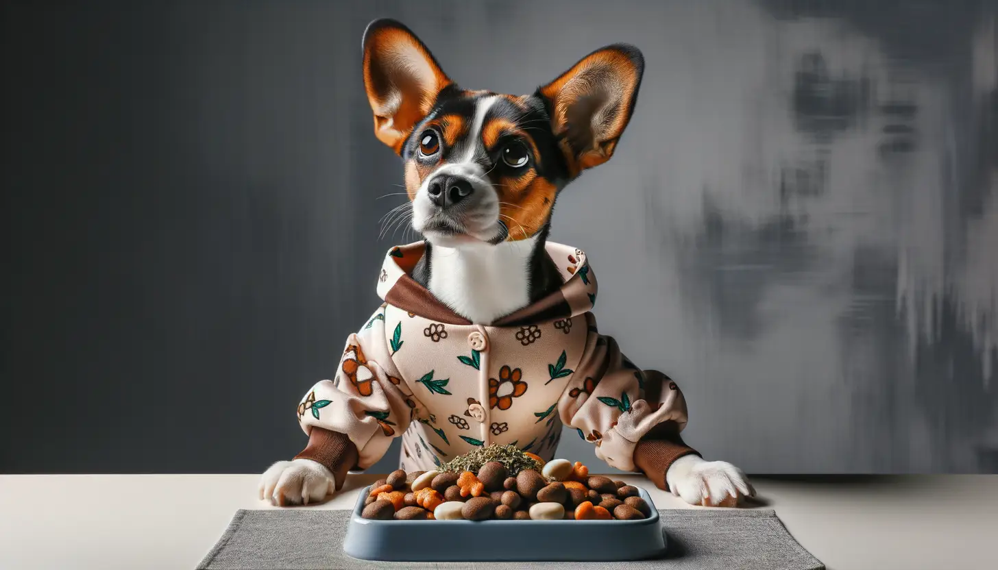 A dog with an unsure expression looking at catnip, indicating caution for dog consumption.