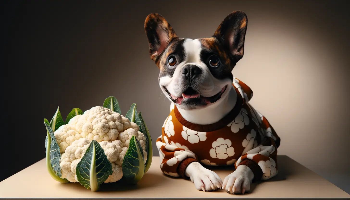 A dog with a happy expression looking at cauliflower, highlighting healthy food for dogs.