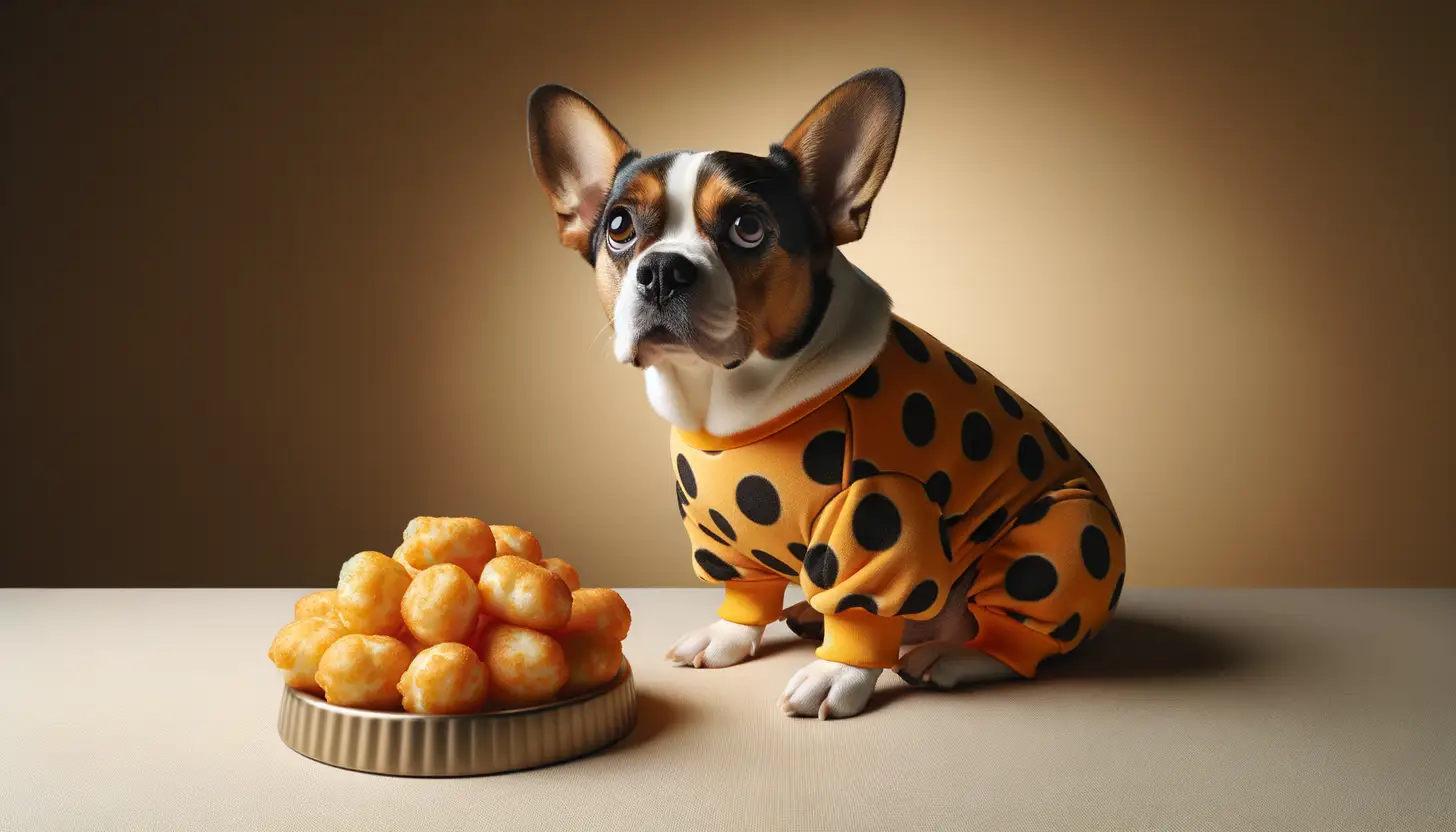 A dog with a wary expression looking at cheese puffs, showing they are harmful to dogs.