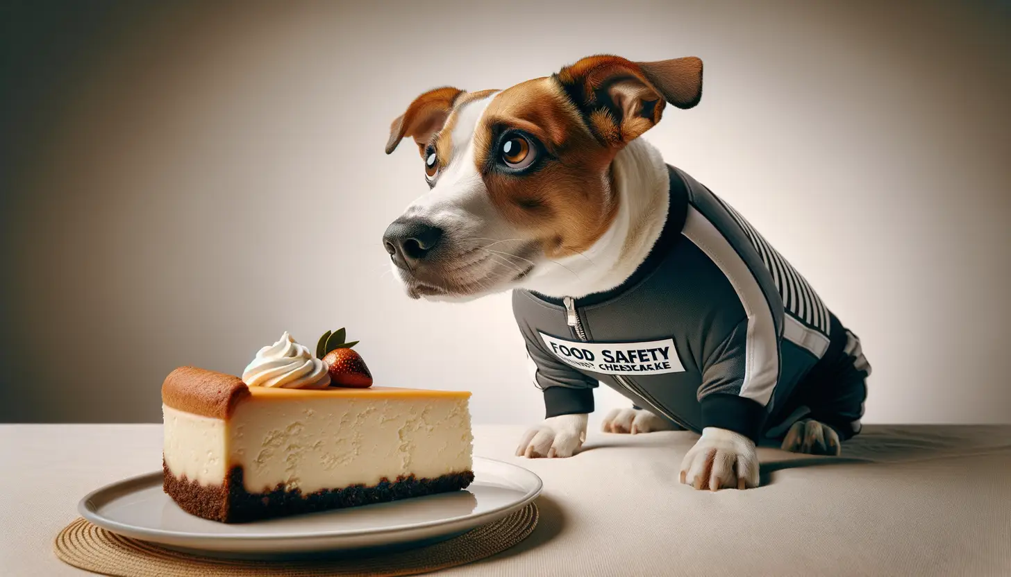 A dog with a wary expression looking at cheesecake, showing they are harmful to dogs.