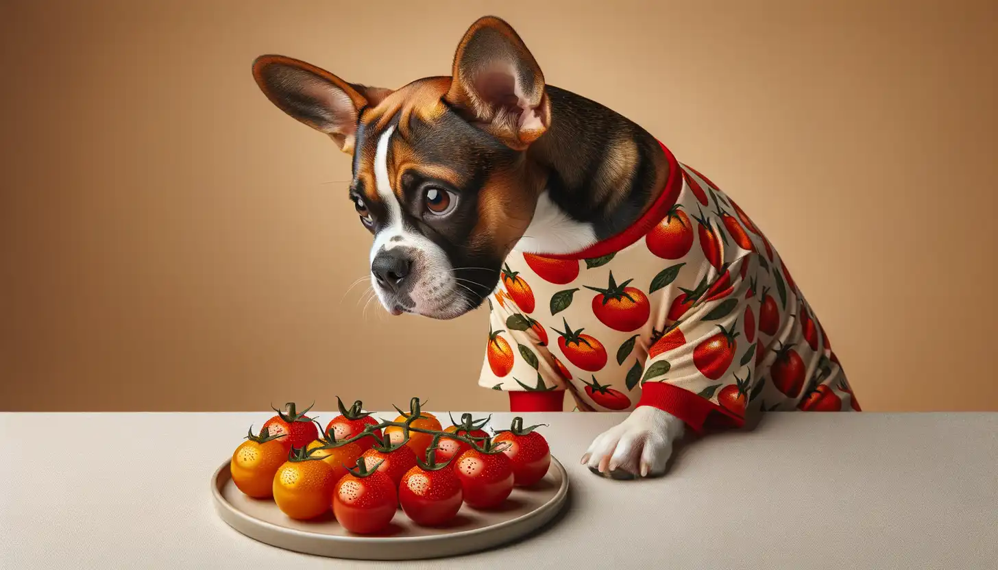 A dog with a curious expression looking at cherry tomatoes, indicating moderate safety for dogs.