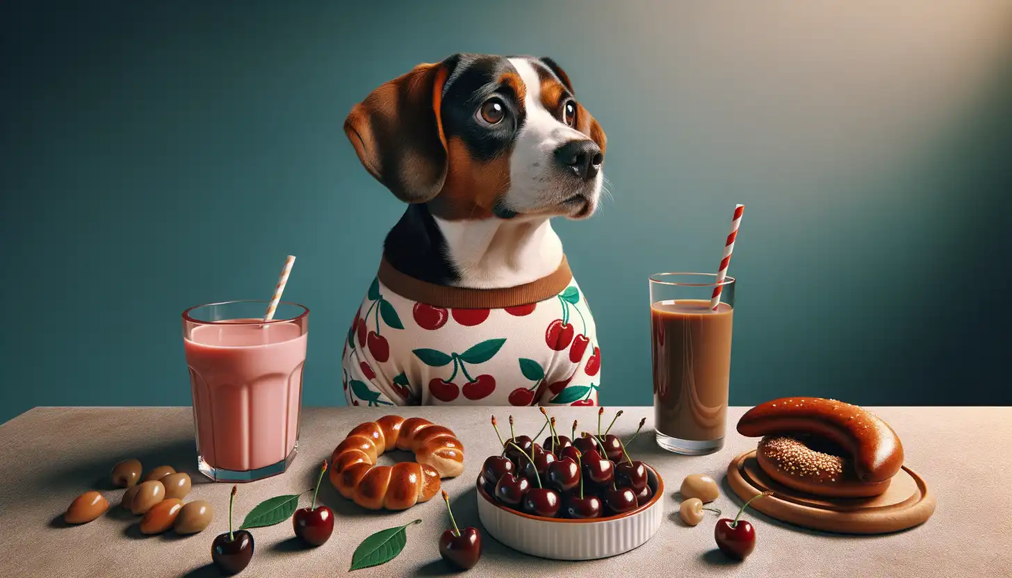 A dog with a concerned expression looking at cherry, indicating it's toxic for dogs.