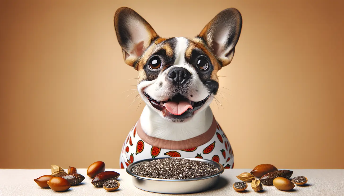 A dog with an excited expression looking at chia seeds, showcasing a superfood for dogs.