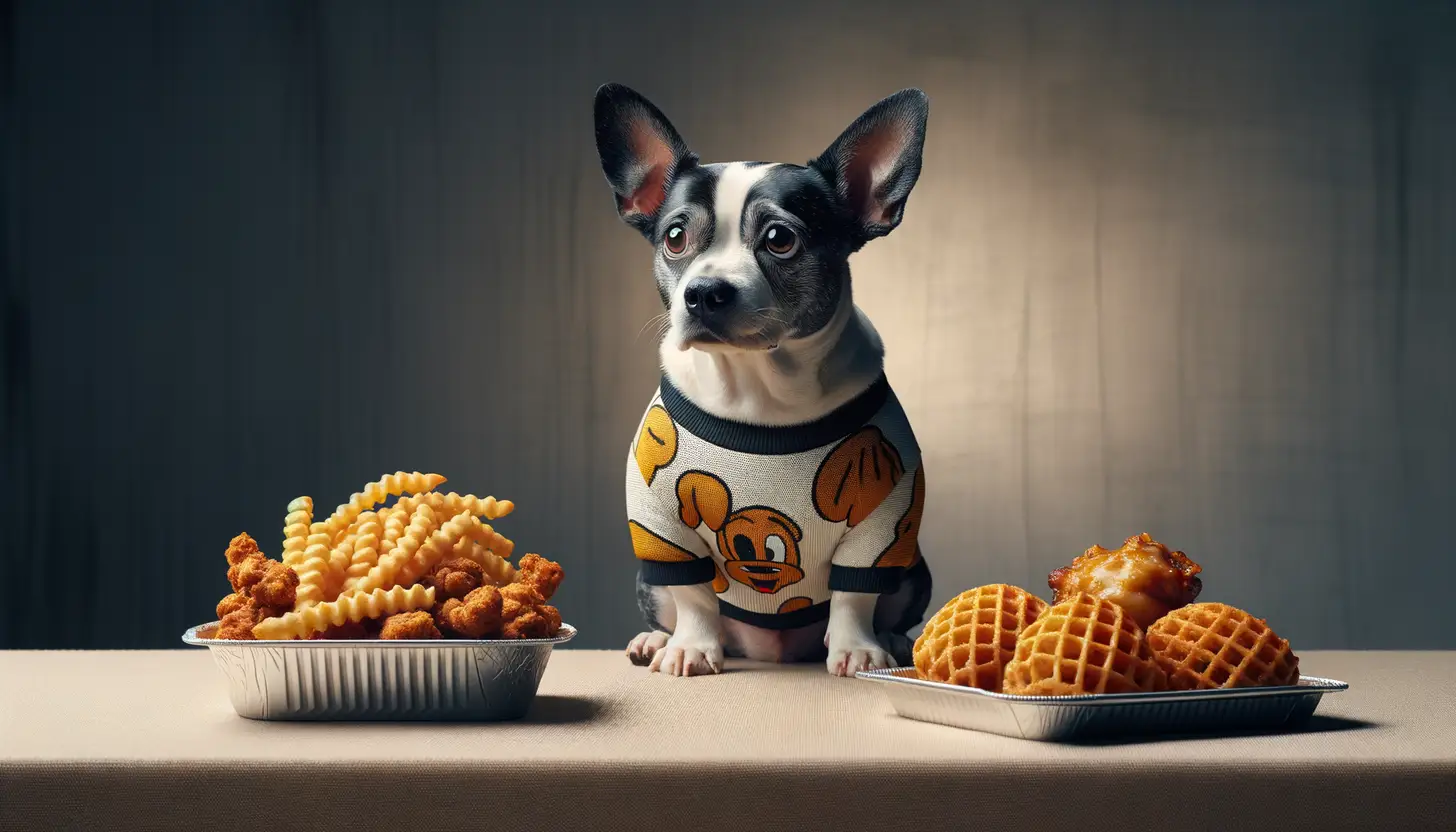 A dog with a wary expression looking at chicharrones, showing they are harmful to dogs.