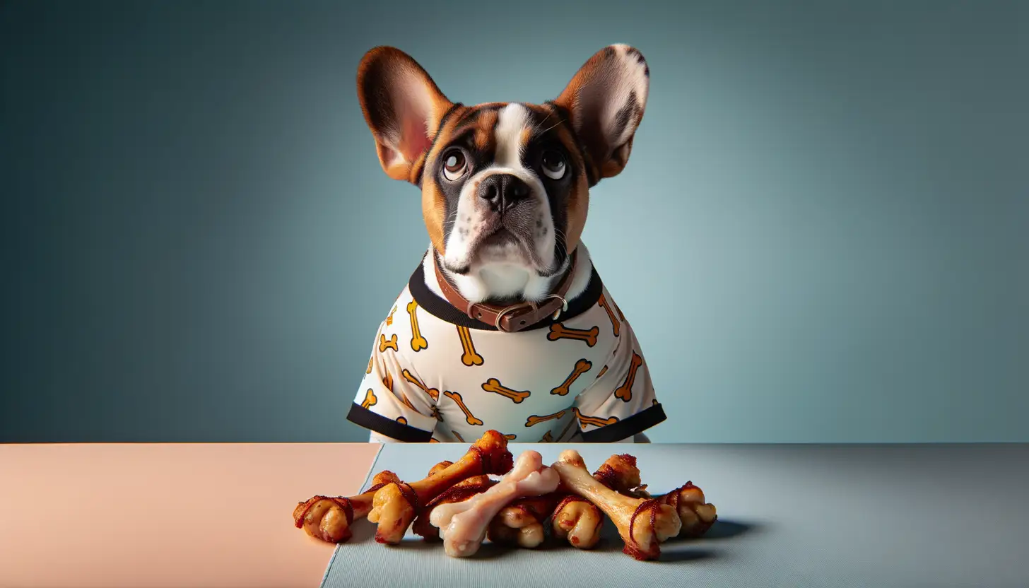 A dog with a concerned expression looking at chicken bones, indicating it's toxic for dogs.