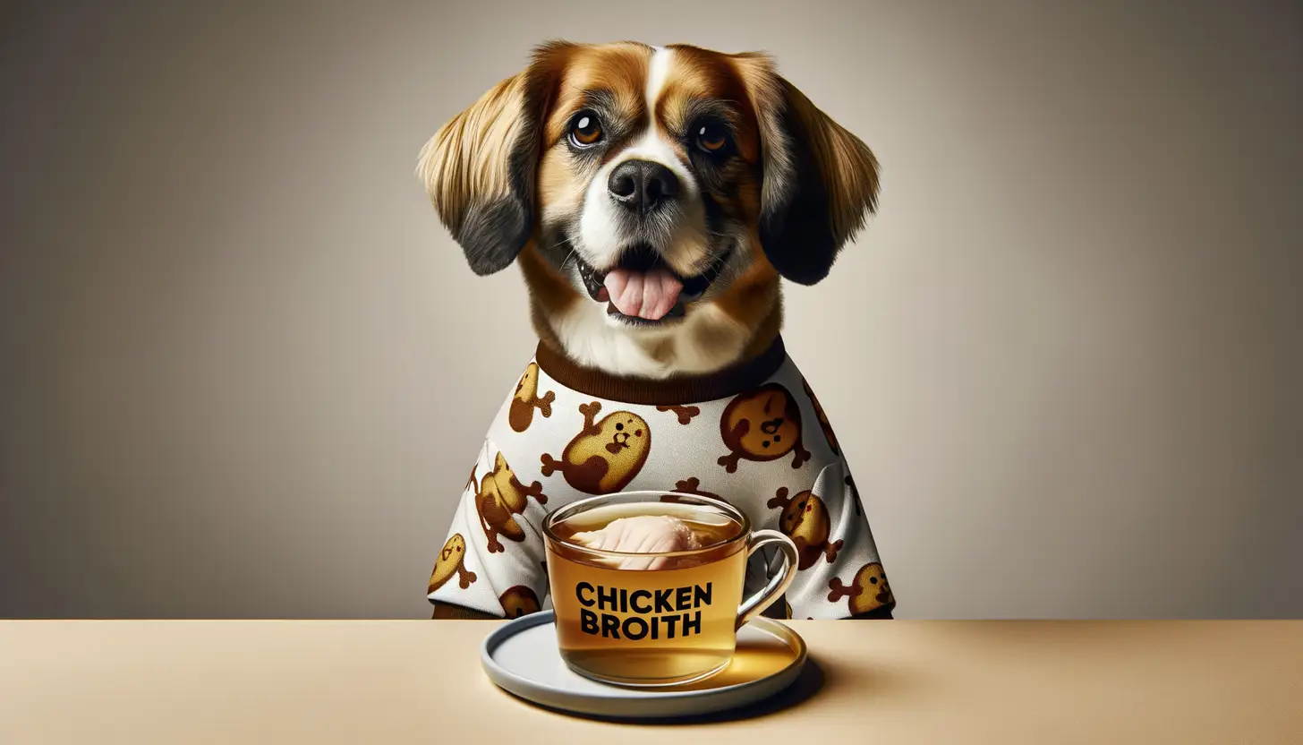 A dog with a happy expression looking at chicken broth, highlighting healthy food for dogs.