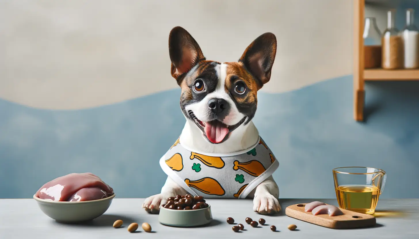 A dog with an excited expression looking at chicken liver, showcasing a superfood for dogs.