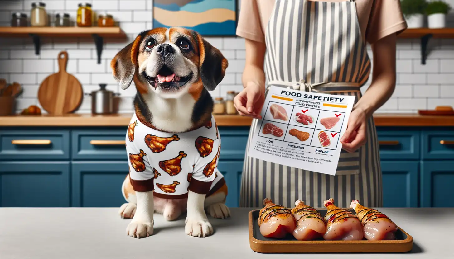 A dog with a happy expression looking at chicken thighs, highlighting healthy food for dogs.