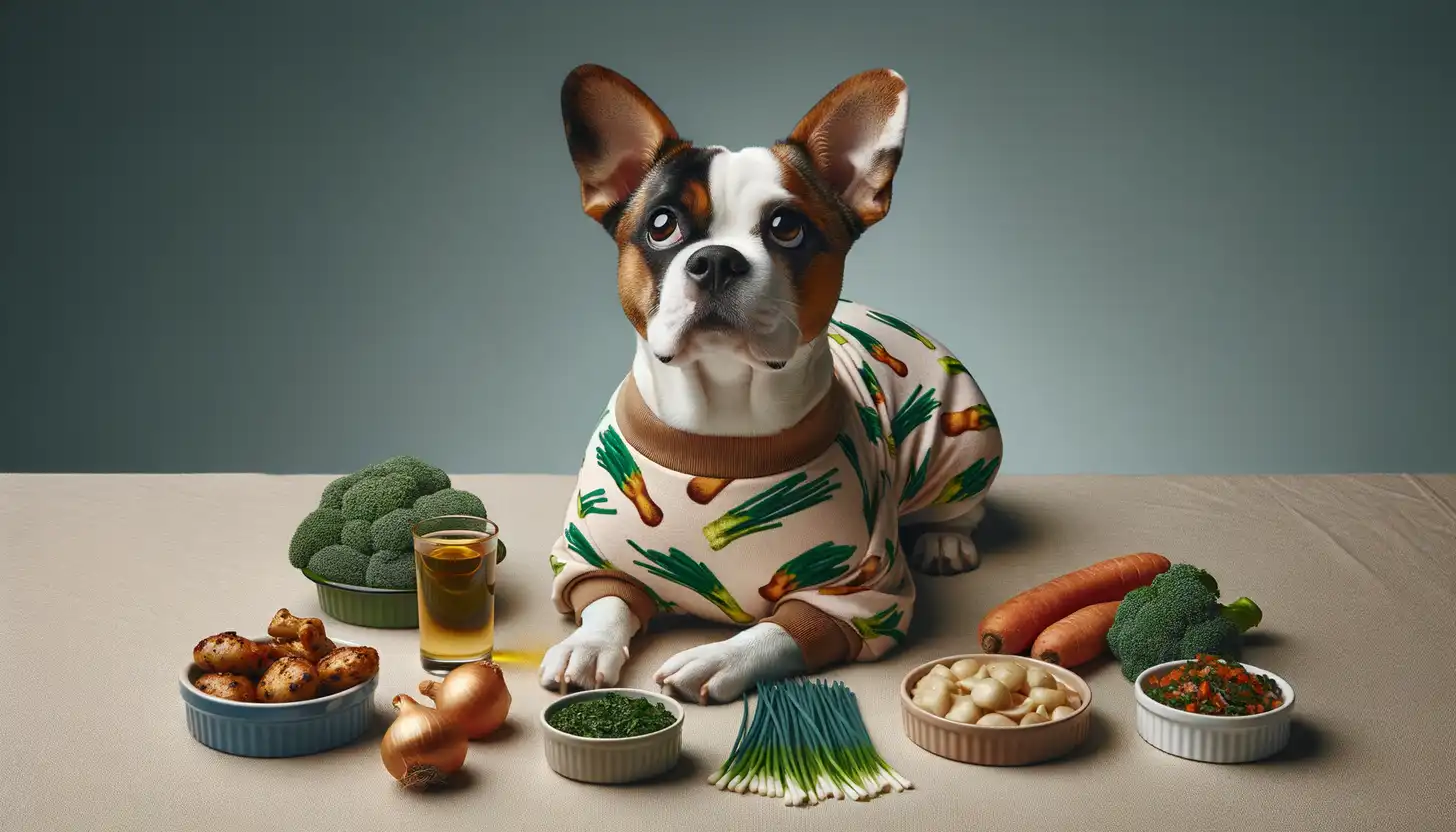 A dog with a concerned expression looking at chives, indicating it's toxic for dogs.