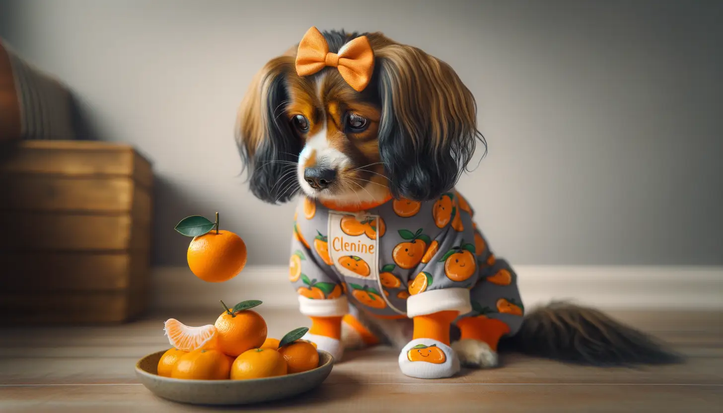 A dog with a curious expression looking at clementines, indicating moderate safety for dogs.