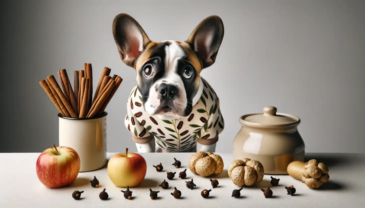 A dog with a concerned expression looking at cloves, indicating it's toxic for dogs.