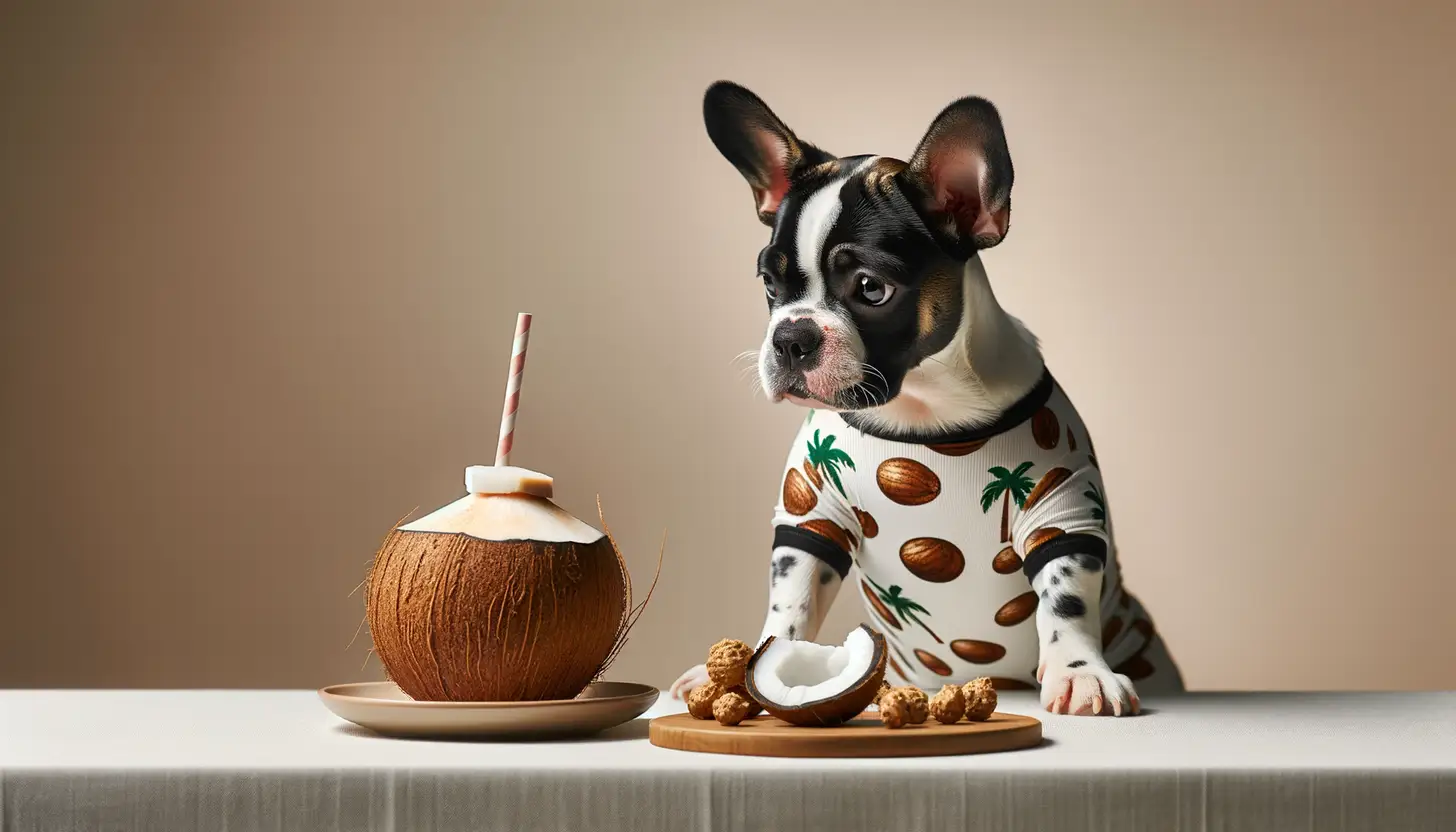 A dog with a curious expression looking at coconut water, indicating moderate safety for dogs.