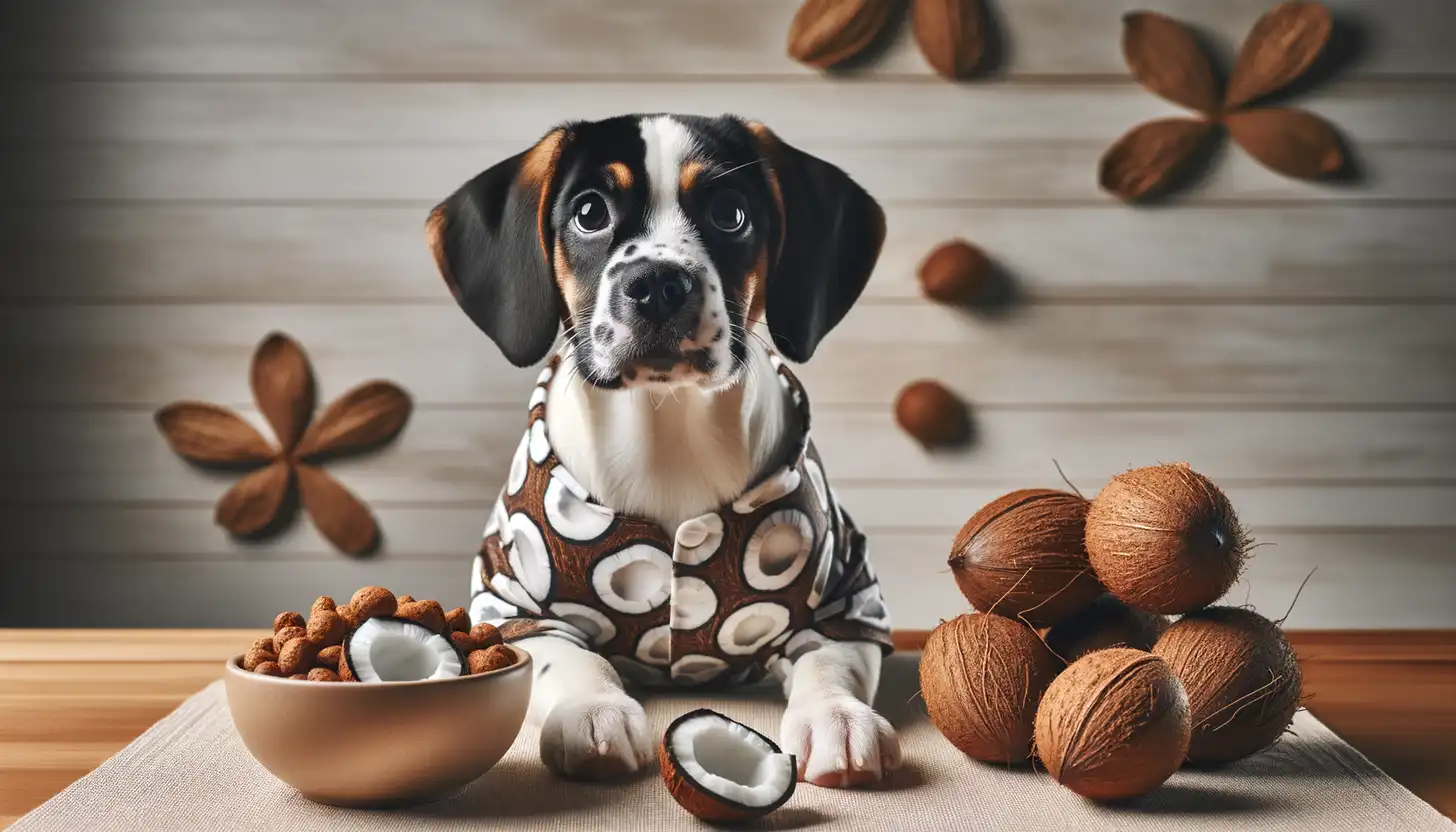 A dog with an unsure expression looking at coconut, indicating caution for dog consumption.