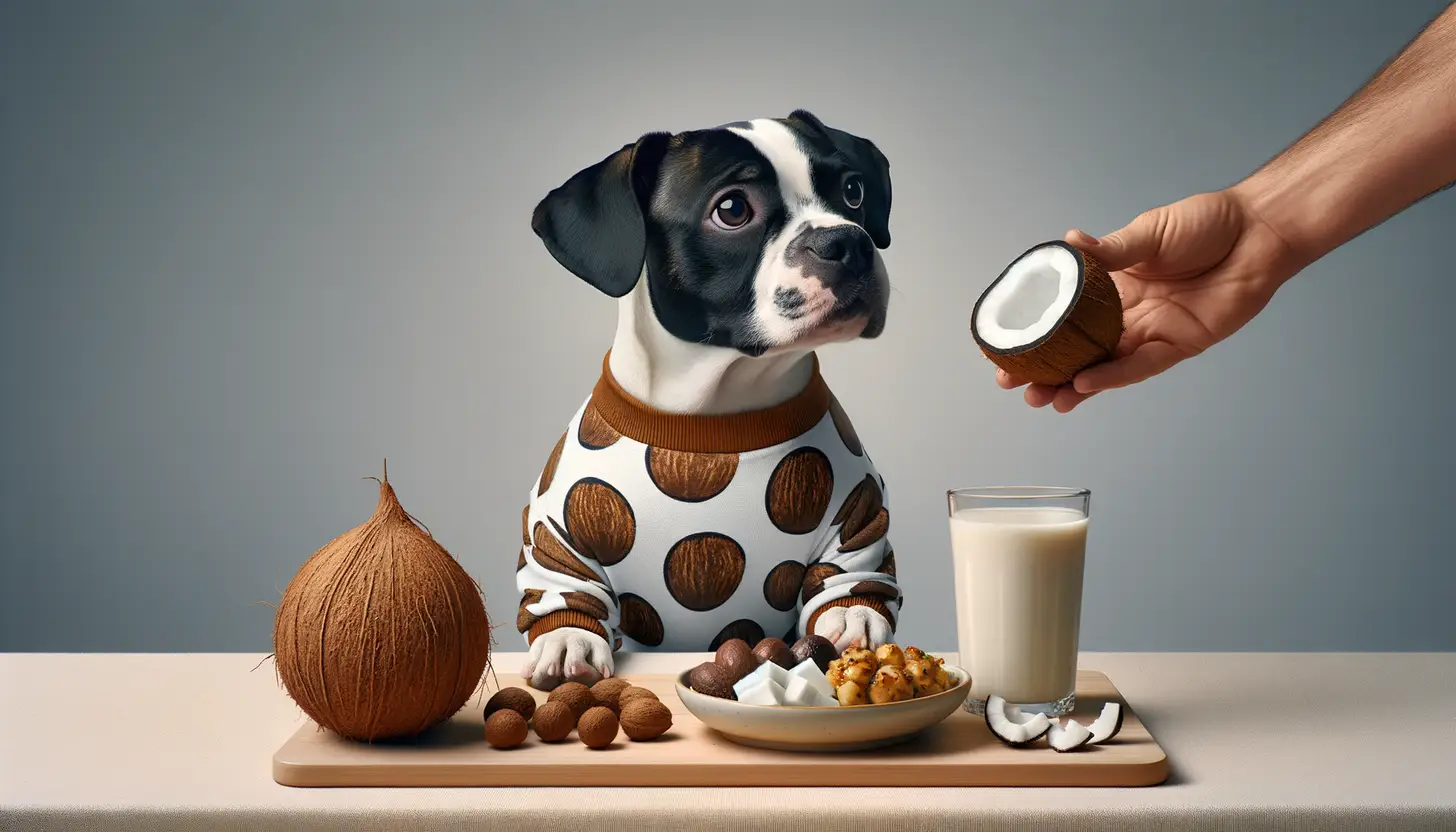 A dog with a curious expression looking at coconuts, indicating moderate safety for dogs.