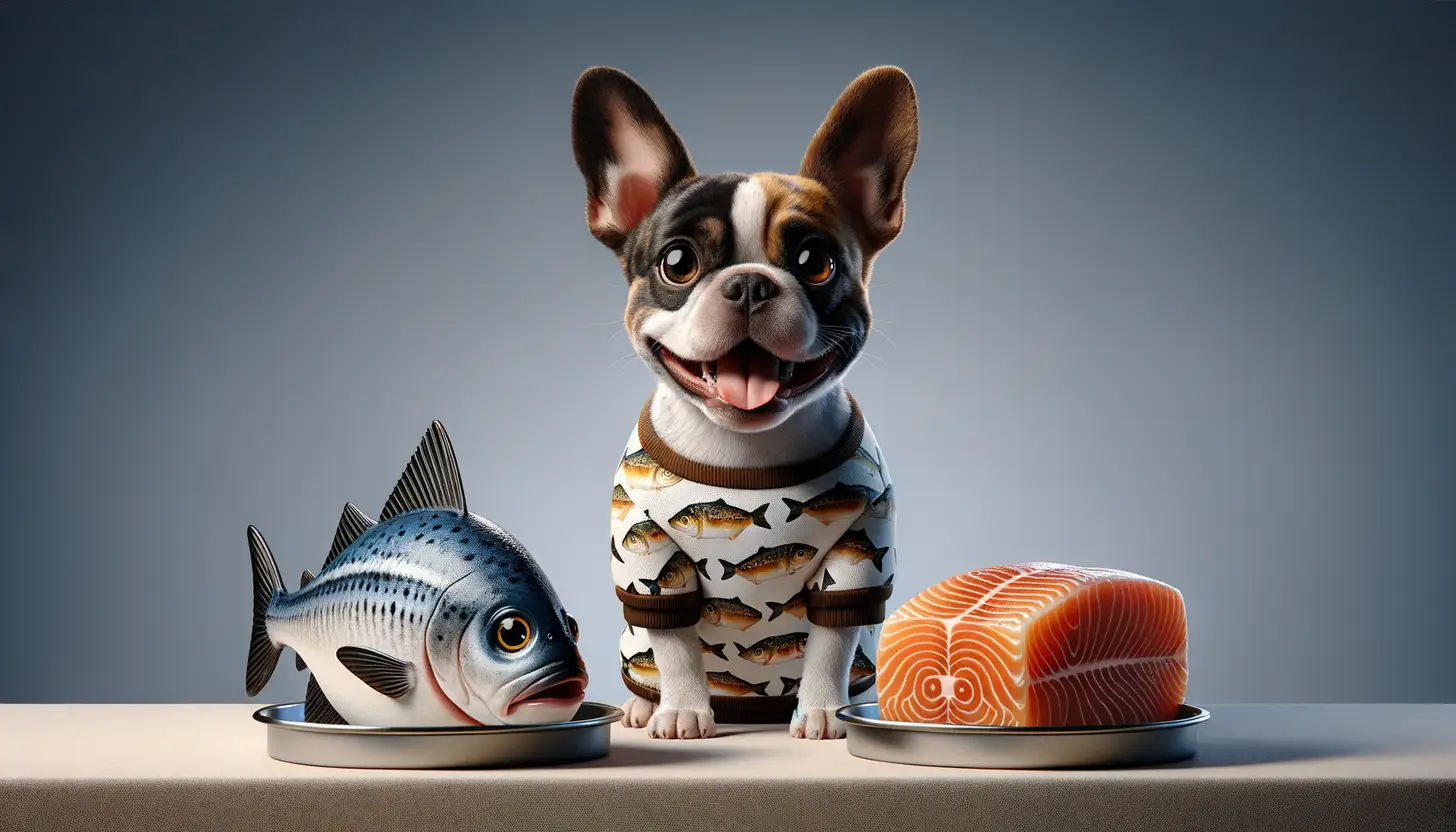 A dog with an excited expression looking at cod fish, showcasing a superfood for dogs.